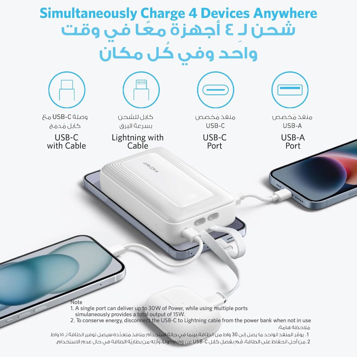 ⁦باور بانك زولو من انكر، شاحن محمول سريع 10,000mAh 30 واط بحد اقصى مع كيبلات لايتنينج مدمجة معتمدة من ابل، 1 USB-C، 1 USB-A، حزمة بطارية لايفون 16/15/14، جالكسي والمزيد⁩ - الصورة ⁦5⁩