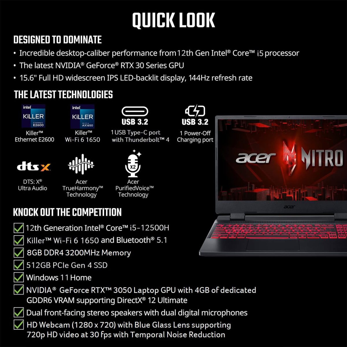 ⁦ايسر لابتوب العاب نيترو 5 AN515-58-525P | انتل كور i5-12500H انفيديا جيفورس RTX 3050 GPU 15.6 انش FHD 144Hz IPS 8GB DDR4 512GB PCIe جيل 4 SSD كيلر واي فاي 6 كيبورد باضاءة خلفية، اسود⁩ - الصورة ⁦6⁩