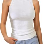 توب كات للنساء، توب كات مضلع منسوج بقصة ضيقة، قميص صيفي طويل بدون اكمام للخروج، مقاس M