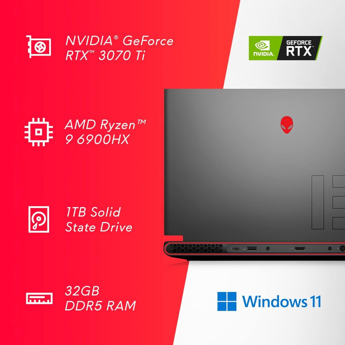 ⁦الينوير لابتوب العاب m15 R7 15.6 انش QHD (2560x1440) 240Hz، AMD رايزن 9 6900HX، 32GB DDR5، 1TB SSD، RTX 3070Ti، HDMI، واي فاي، كاميرا ويب، ويندوز 11، بريميوم لمدة عام + خدمات ترحيل 6 اشهر- اسود⁩ - الصورة ⁦6⁩