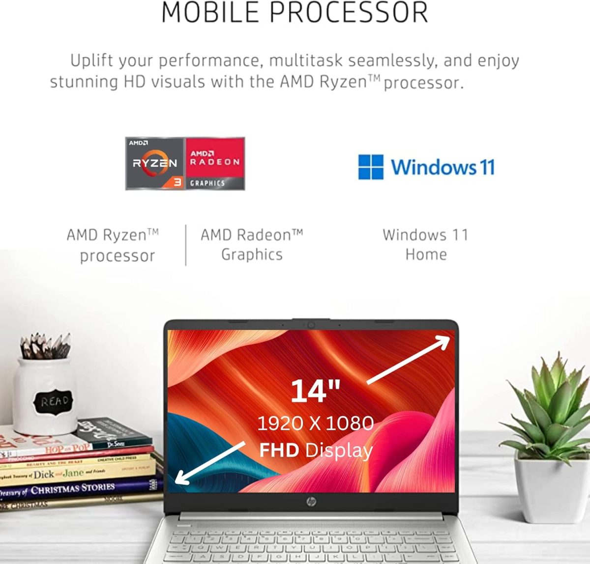 ⁦HP لابتوب 14 الاحدث 2023 للإنتاجية والترفيه، شاشة 14 انش FHD، ذاكرة RAM 16GB، SSD 1TB، معالج AMD رايزن 3 حتى 3.5GHz، نوع C، HDMI، شحن سريع، بطارية تدوم 10 ساعات، ويندوز 11⁩ - الصورة ⁦2⁩