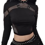 Maeau Black Punk Top Women Gothic Tank Top Long Sleeve Y2K Crop Top Mesh Blouse T-Shirt Casual Patchwork Tops for Club S M L