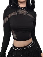 Maeau Black Punk Top Women Gothic Tank Top Long Sleeve Y2K Crop Top Mesh Blouse T-Shirt Casual Patchwork Tops for Club S M L