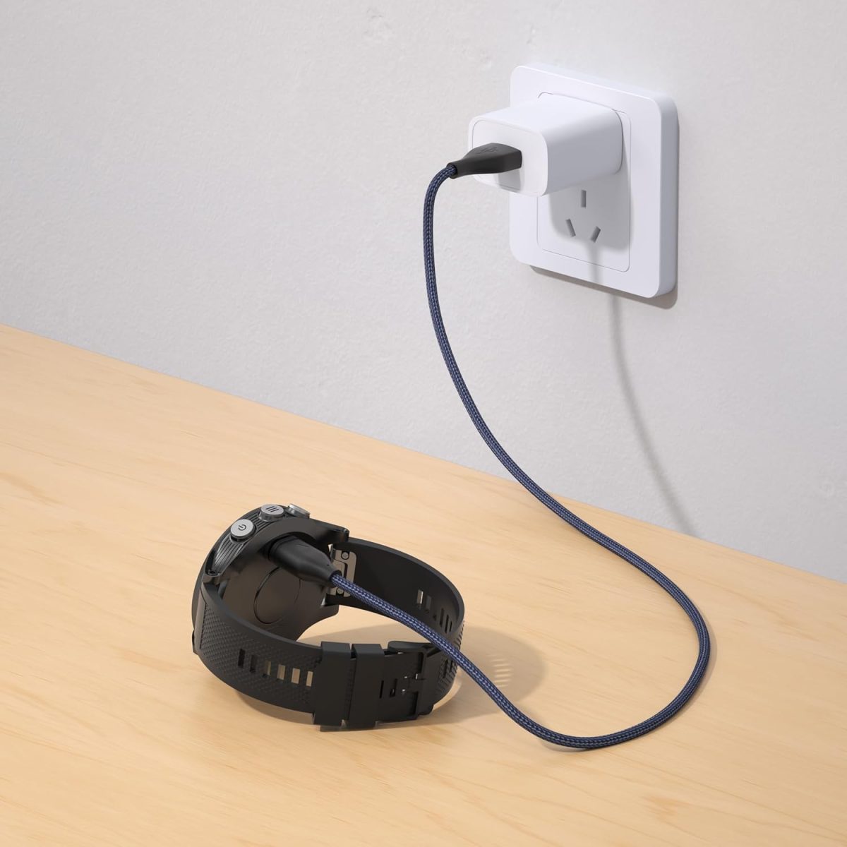 ⁦كيبل شاحن ساعة جارمين، كيبل شحن مضفر USB/USB C لجارمين فينيكس 8 7 7X 7S 6 E سولار وفور رانر 965 955 265 255 245 165 55 45، فينو 3 اس كيو وانستنكت وفيفواكتيف 5 4 (ازرق، USB 100 سم)⁩ - الصورة ⁦6⁩