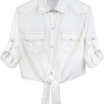 قميص قصير من قماش شامبراي دينم للنساء بتصميم أكمام ملفوفة بطول ثلاثة أرباع وعقدة أمامية من امبيل