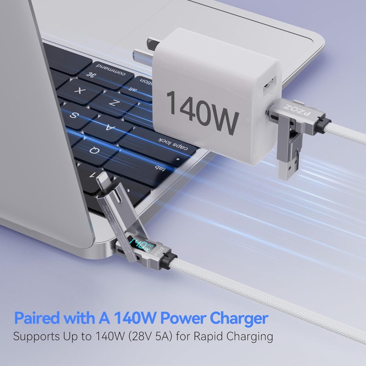 ⁦بي زوز كيبل USB C الى لايتنينج بطول 1.5 متر، 140 واط، كيبل شحن متعدد 4 في 1، كيبل نوع C مع شاشة LED، سلك شحن سريع لايفون 16 15 برو ماكس وايباد وماك بوك وسامسونج وغيرها⁩ - الصورة ⁦7⁩