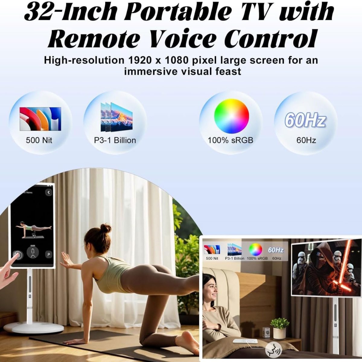 ⁦32-Inch Mobile Smart Touch Screen,Smart TV with Touchscreen Display,Rolling TV on Wheels with Voice Control,8G RAM+128G Storage Built-inwith Remote Control,for Home and Office⁩ - الصورة ⁦6⁩