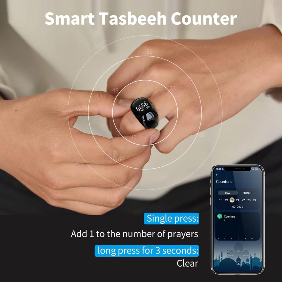 ⁦خاتم ذكري ذكي، 18 ملم 20 ملم 22 ملم، عداد تسبيح رقمي مع شاشة LED، تذكير بتوقيت الصلاة الاسلامية قابل لاعادة الشحن⁩ - الصورة ⁦6⁩