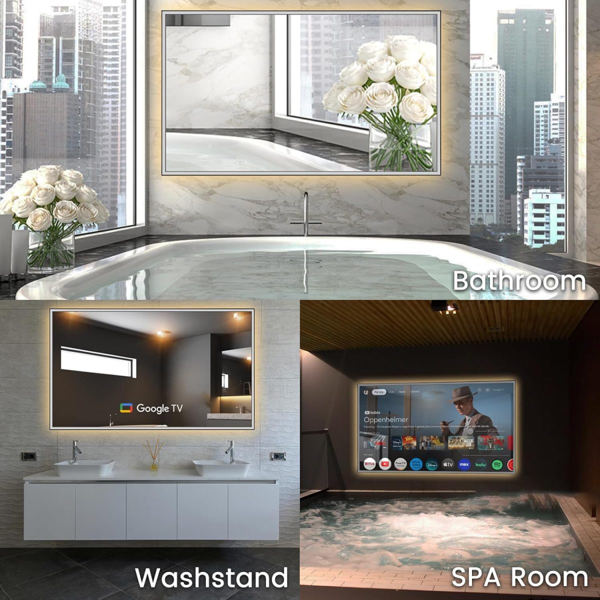 ⁦إليكسونج تلفزيون 43 بوصة مقاوم للماء بتصنيف IP65 لمقاومة المياه والغبار مع اضاءة LED 4 كيه الترا اتش دي، مراة فانيتي حديثة تلفزيون ذكي، تطبيقات مدمجة لمحطة المكياج والمنتجعات الصحية⁩ - الصورة ⁦4⁩