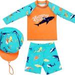 ماو طقم ملابس سباحة واقية من الطفح الجلدي للاولاد باكمام طويلة بعامل حماية من الاشعة فوق البنفسجية 50+ ملابس سباحة واقية من الشمس 3 قطع