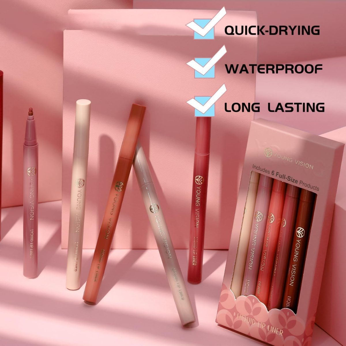 ⁦SWIUKPHE 6Pcs Liquid Waterproof Lip Liner Set, Lip Stain Tint Marker Pen, Gourd-Shaped Precise Chisel Tip for Smooth Application, Easy Glide, Nude Brown Matte Shades, Non-Feathering, Rich Color⁩ - الصورة ⁦2⁩
