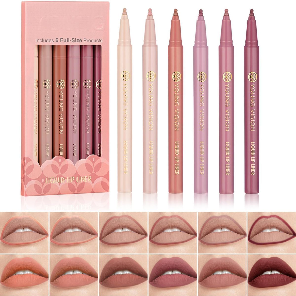 SWIUKPHE 6Pcs Liquid Waterproof Lip Liner Set, Lip Stain Tint Marker Pen, Gourd-Shaped Precise Chisel Tip for Smooth Application, Easy Glide, Nude Brown Matte Shades, Non-Feathering, Rich Color