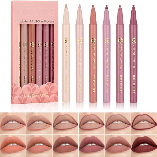 SWIUKPHE 6Pcs Liquid Waterproof Lip Liner Set, Lip Stain Tint Marker Pen, Gourd-Shaped Precise Chisel Tip for Smooth Application, Easy Glide, Nude Brown Matte Shades, Non-Feathering, Rich Color
