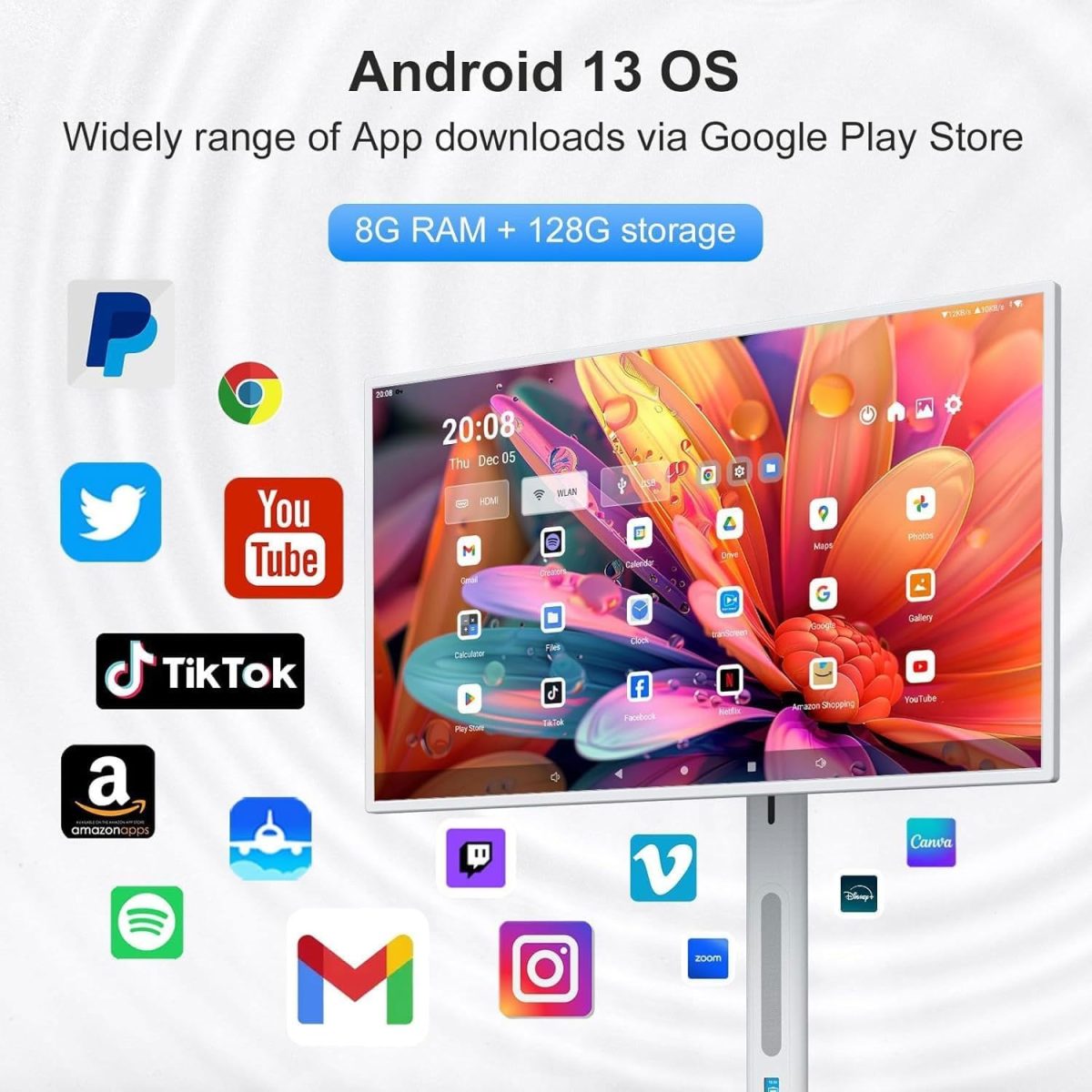 ⁦32-Inch Portable Smart TV Touch Screen,Rolling TV on Wheels with Voice Control,Android OS 8G RAM+128G Storage Built-in Battery 10500mAh Battery,for home⁩ - الصورة ⁦6⁩