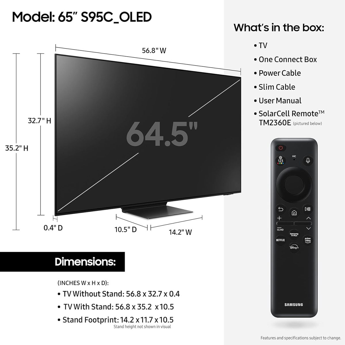 ⁦سامسونج تلفزيون ذكي 65 بوصة OLED 4K S95C سلسلة كوانتوم HDR مع دولبي اتموس، صوت تتبع الاجسام، كيو سيمفوني، موشن اكسليراتور تربو برو، موزع الالعاب، اليكسا مدمج (QN65S95C)، اسود تيتان⁩ - الصورة ⁦2⁩