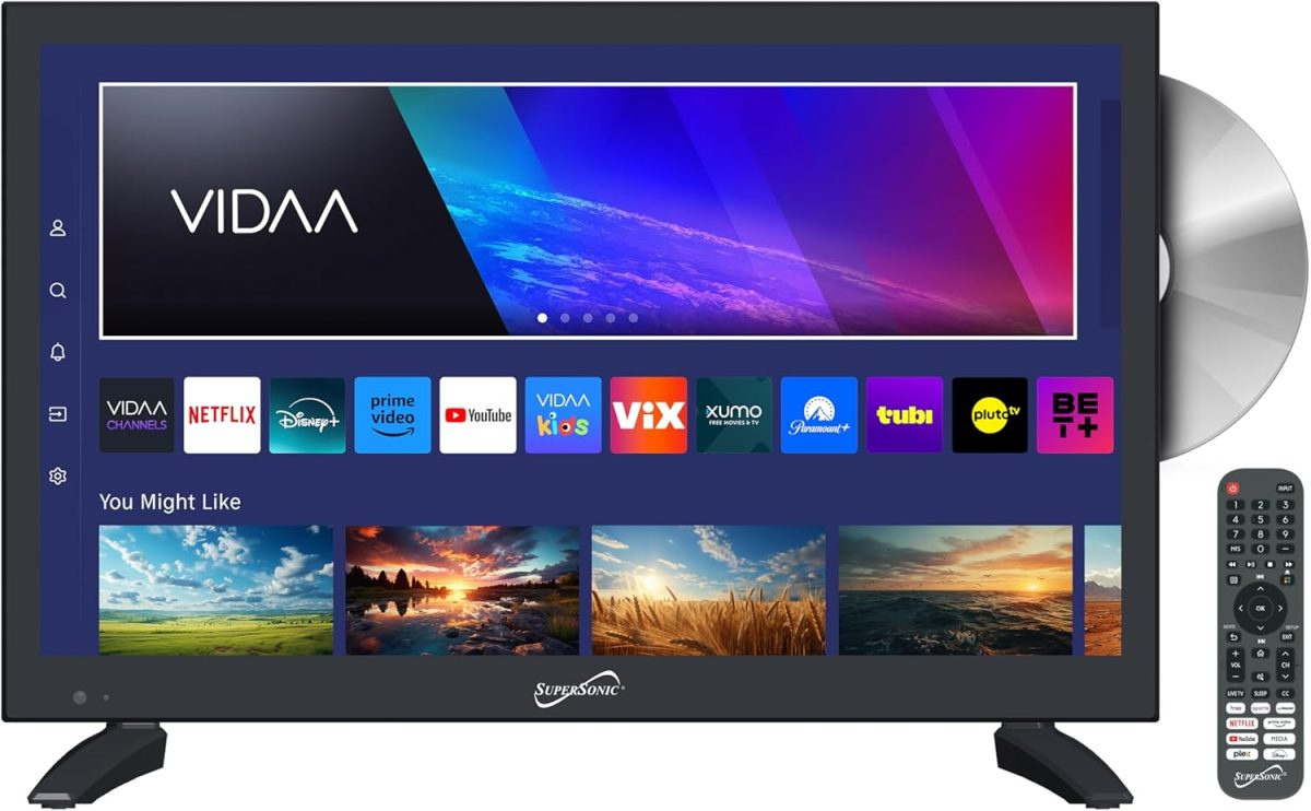 سوبر سونيك SC-1926DVD 19 انش LED سمارت HDTV مع مشغل دي في دي، 3 منافذ HDMI، 1080p، واي فاي، USB، تيار متردد/تيار مستمر، متوافق مع المنزل او المطبخ او التخييم ار في، سلك سيارة تيار مستمر متضمن (SC
