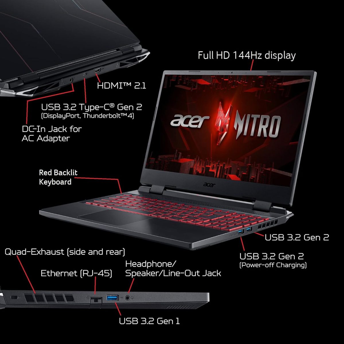⁦ايسر لابتوب العاب نيترو 5 AN515-58-525P | انتل كور i5-12500H انفيديا جيفورس RTX 3050 GPU 15.6 انش FHD 144Hz IPS 8GB DDR4 512GB PCIe جيل 4 SSD كيلر واي فاي 6 كيبورد باضاءة خلفية، اسود⁩ - الصورة ⁦5⁩