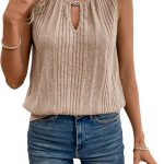 قميص نسائي منسوج مضلع بفتحة مفتاح من جورجليتر، قميص بدون أكمام كاجوال بدون أكمام