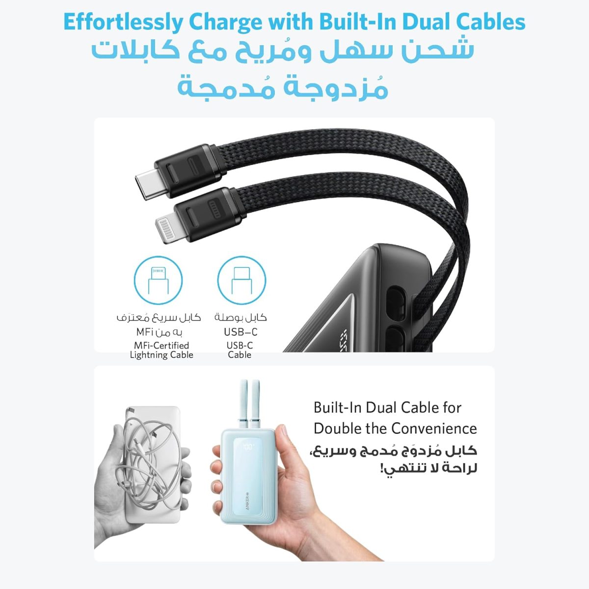 ⁦باور بانك زولو من انكر، شاحن محمول سريع 10,000mAh 30 واط بحد اقصى مع كيبلات لايتنينج مدمجة معتمدة من ابل، 1 USB-C، 1 USB-A، حزمة بطارية لايفون 16/15/14، جالكسي والمزيد⁩ - الصورة ⁦2⁩