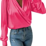 بلوزة حريرية ملتفة بقبة V واكمام طويلة مكشكشة للنساء من فيرتيج