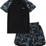 سيور بدلة سباحة للاولاد من قطعتين باكمام قصيرة مع سروال سباحة للاطفال الكبار، ملابس سباحة للشاطئ وركوب الامواج من 9-15 سنة