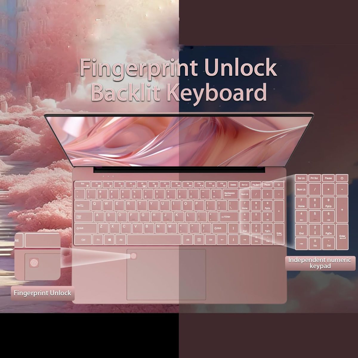 ⁦لابتوب العاب 15.6 انش، معالج N95 (4C4T، 1.7-3.4GHz) 16GB RAM 512GB PCIe SSD، شاشة FHD، كيبورد باضاءة خلفية، فتح بصمة الاصبع، لابتوب للاعمال والطلاب ويندوز 11 برو، روز جولد⁩ - الصورة ⁦4⁩