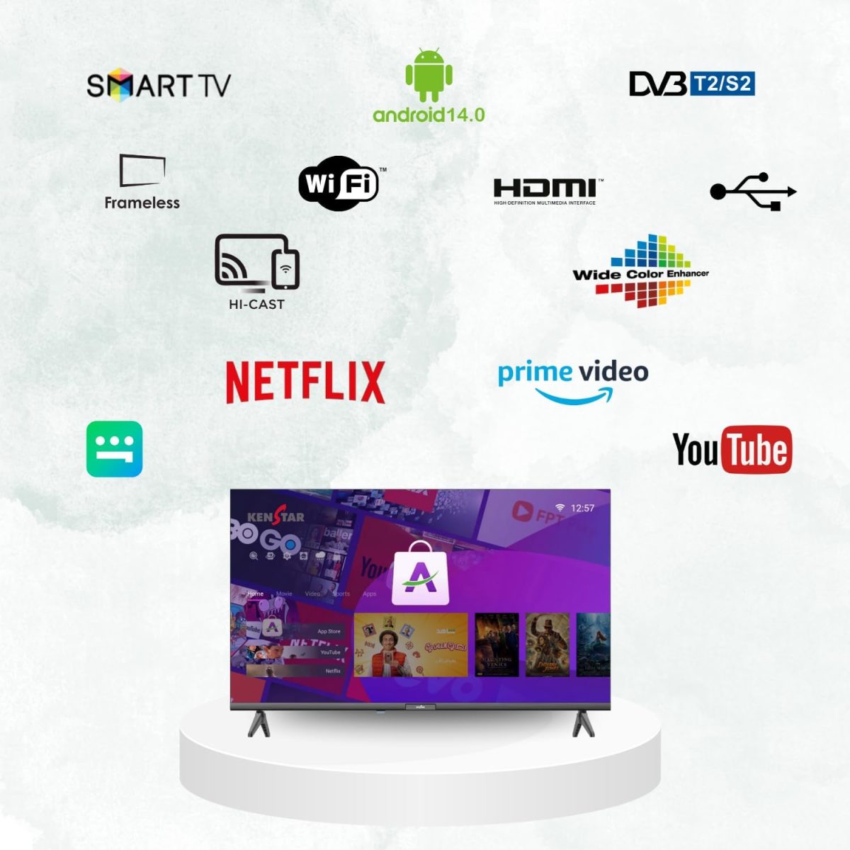 ⁦كينستار تلفزيون ذكي FHD 43 بوصة مع جهاز استقبال DVB-T2/S2، تصميم نحيف بدون اطار، اندرويد 14 فولت، مع تطبيقات نتفليكس ويوتيوب وبرايم فيديو وشاهد. يدعم HDMI وUSB وواي فاي هاي كاست. DR 1920×1080p⁩ - الصورة ⁦3⁩