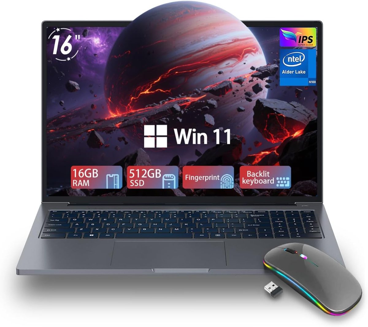 لابتوب العاب بشاشة FHD 16 انش وذاكرة RAM 16GB وSSD 512GB ومعالج N100 (حتى 3.4GHz)، ويندوز 11 اصدار احترافي، بلوتوث 5.0 HDMI، يدعم شحن نوع C، واي فاي، بطارية 5000mAh، رمادي