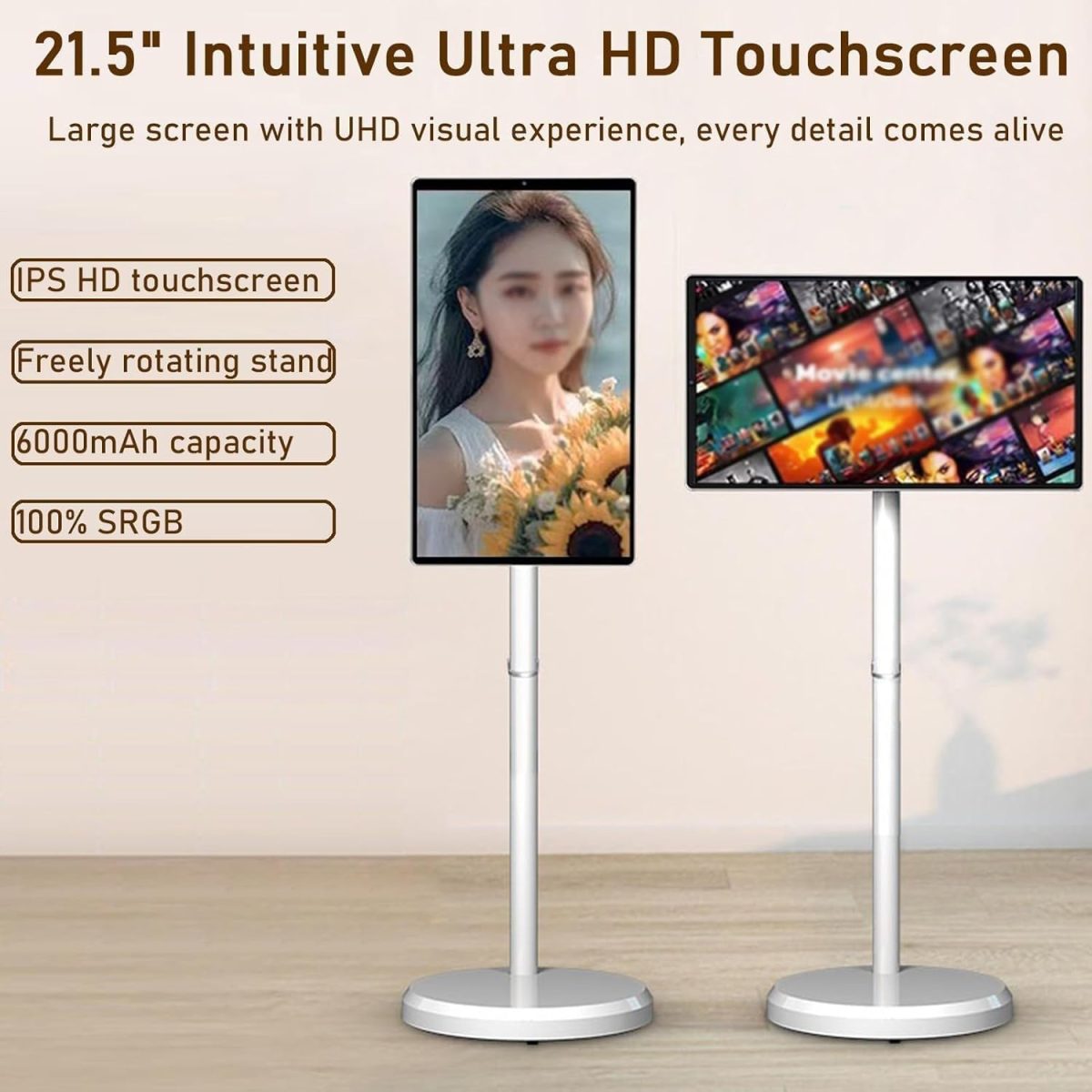 ⁦21.5-Inch Smart Touchscreen Monitor, 1080p Mobile Portable TV Stand on Wheels, Android 14, Built-in 6000mAh Battery, 90° Swivel Rotation, Remote Control, for Home, Bedroom, Gym(Black,6＋128G)⁩ - الصورة ⁦2⁩