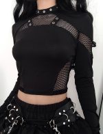 ⁦Maeau Black Punk Top Women Gothic Tank Top Long Sleeve Y2K Crop Top Mesh Blouse T-Shirt Casual Patchwork Tops for Club S M L⁩ - الصورة ⁦4⁩