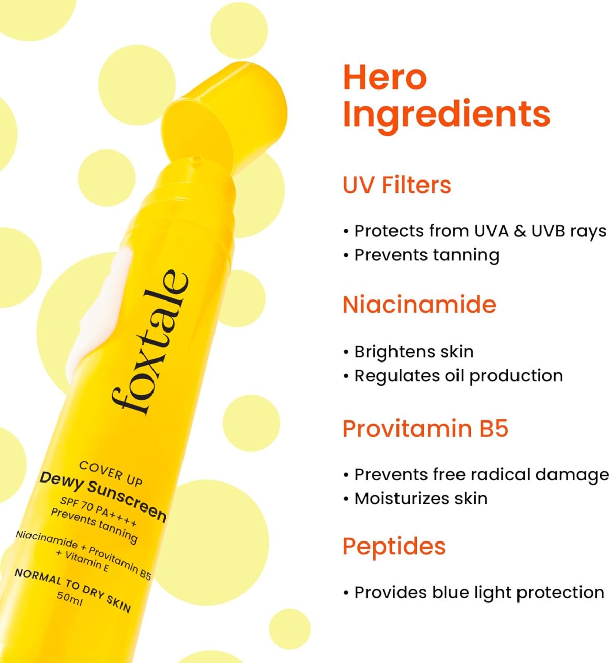 ⁦Foxtale SPF 70 Niacinamide Dewy Sunscreen with PA++++ For Dewy Sun Protection|Prevents Tan|Lightenweight, Non Greasy, No White Cast|Anti-Tan Formula|For Men & Women|For all skin type,50 Ml⁩ - الصورة ⁦3⁩