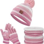 طقم قبعة شتوية وقفازات ووشاح للاطفال البنات والاولاد، مجموعة محبوكة من الصوف السميك الدافئ المبطن للاعمار من 6 الى 10 سنوات، لون بينك، مقاس واحد
