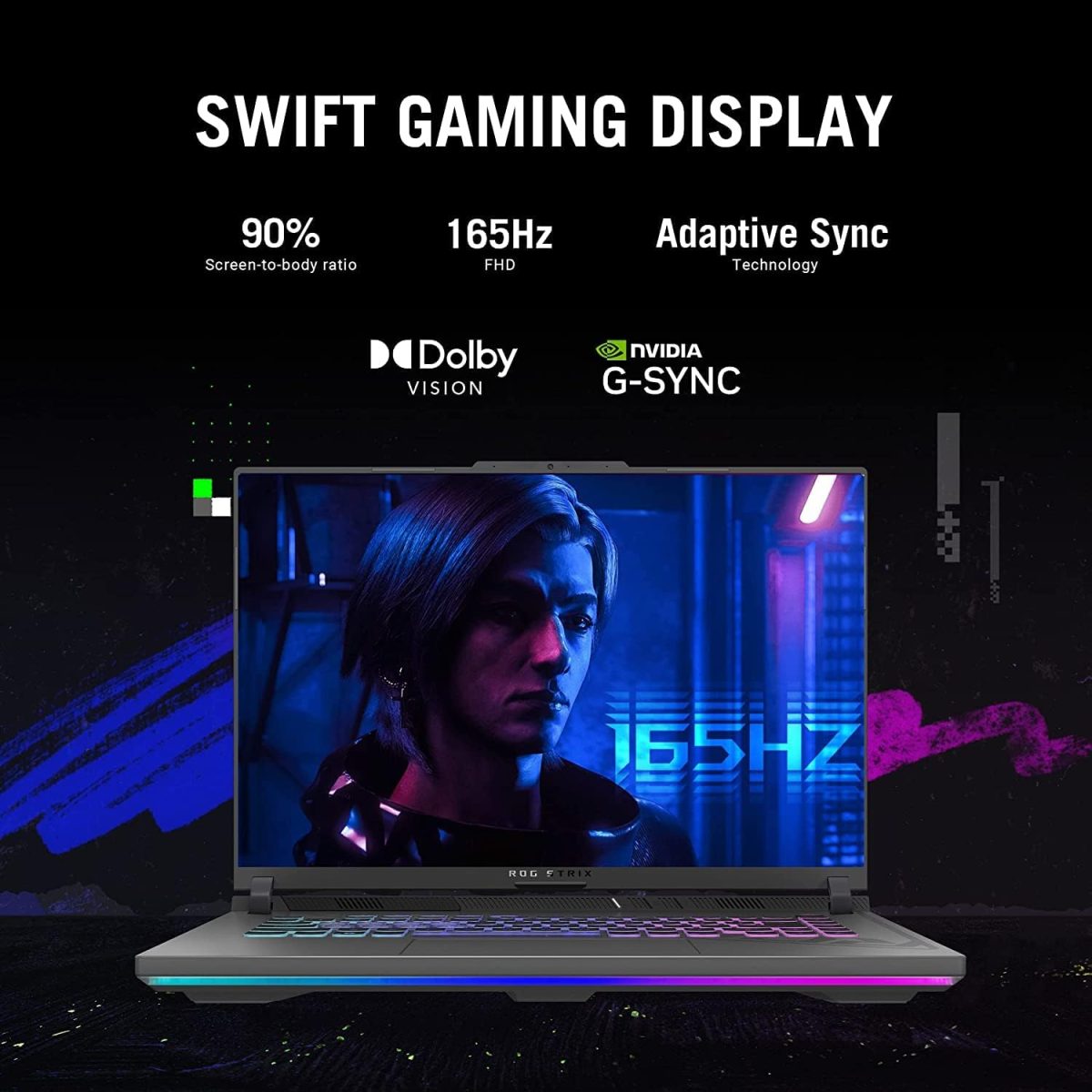 ⁦اسس لابتوب روج ستريكس G16 للالعاب 2023 بشاشة 16.1 انش FHD + 165Hz كور i7-13650HX 16GB 512GB انفيديا جيفورس RTX 4060 8GB بطاقة رسومات RGB خلفية مفتاح انجليزي ويندوز 11 رمادي مع اقتباسات العاب نيون⁩ - الصورة ⁦5⁩