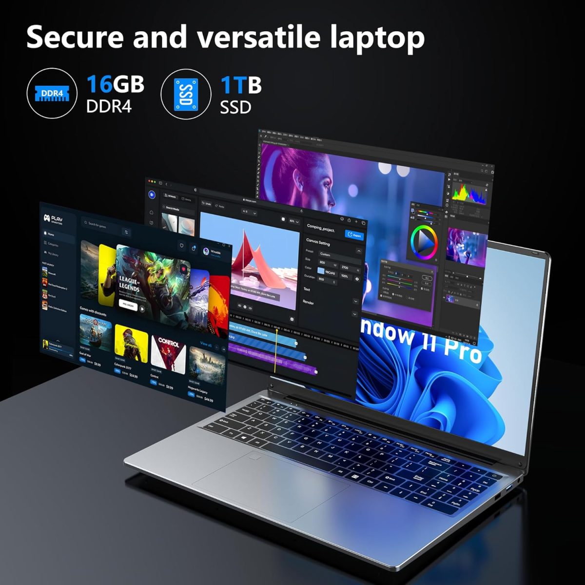 ⁦لابتوب العاب N95 (حتى 3.4GHz)، شاشة FHD 16 انش (1920 × 1200)، 16GB RAM 1TB SSD، بلوتوث، كيبورد باضاءة خلفية، ويندوز 11 برو⁩ - الصورة ⁦3⁩