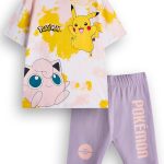 طقم تي شيرت وشورت للبنات من بوكيمون | تي شيرت باكمام قصيرة مصبوغ بالربط وشورت ارجواني لركوب الدراجات | مجموعة ملابس بيكاتشو جيغليباف | هدية بضائع فيلم المسلسل التلفزيوني