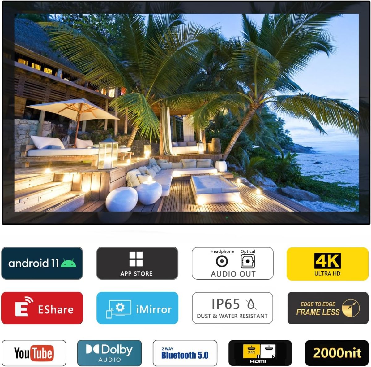 ⁦إليكسونج تلفزيون اندرويد ذكي مقاوم للماء 55 بوصة 2000 وحدة مضيئة في البكسل 4K، دولبي اتموس، HDR 10 مقاوم للطقس يدعم بلوتوث وواي فاي (اسود، شاشة 55 انش)⁩ - الصورة ⁦6⁩