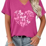 بيتشار قمصان مرض سرطان الثدي للنساء: تي شيرتات ذات شريط وردي للتوعية بسرطان الثدي بلوزات بقبة V ملهمة