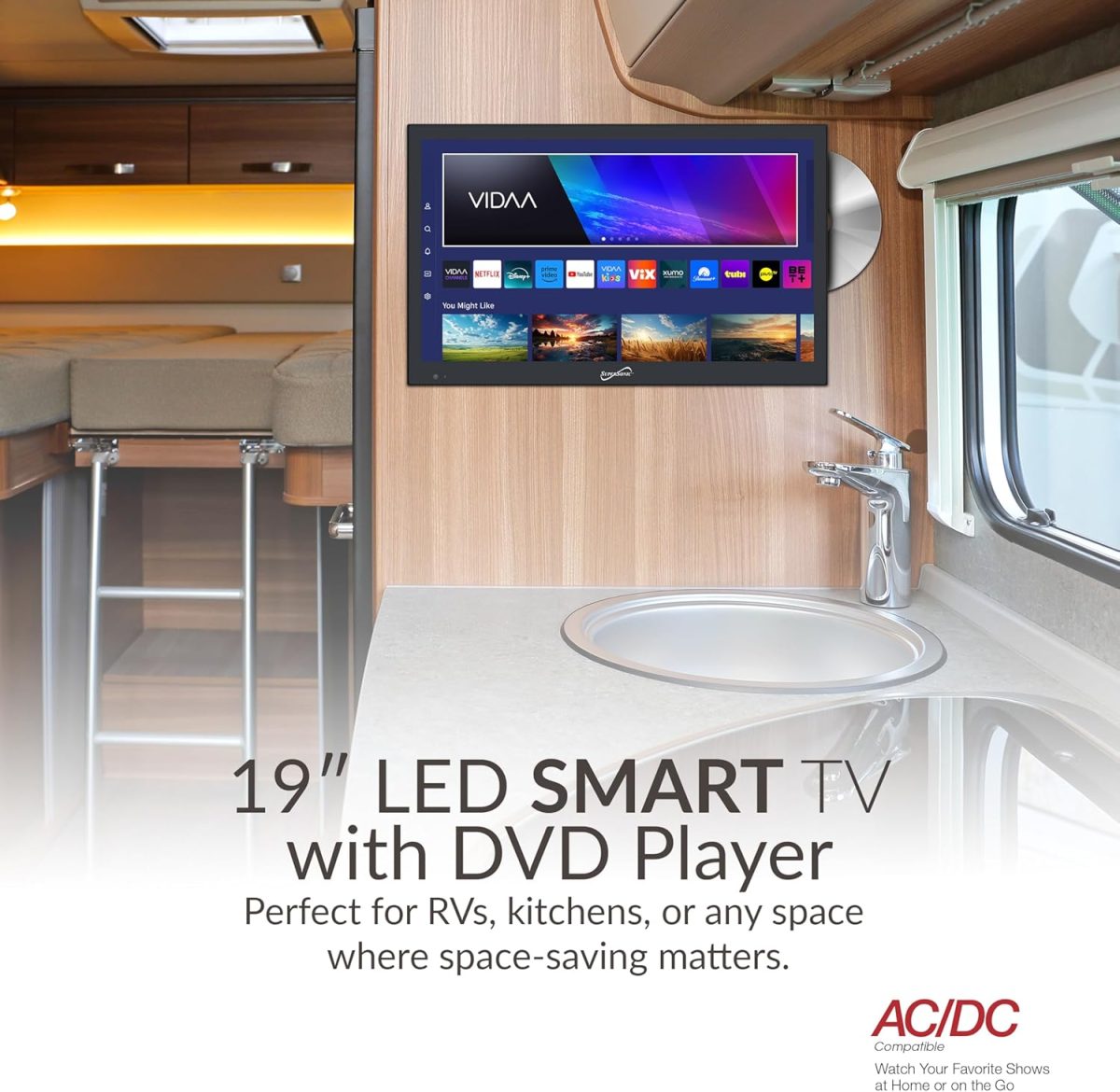 ⁦سوبر سونيك SC-1926DVD 19 انش LED سمارت HDTV مع مشغل دي في دي، 3 منافذ HDMI، 1080p، واي فاي، USB، تيار متردد/تيار مستمر، متوافق مع المنزل او المطبخ او التخييم ار في، سلك سيارة تيار مستمر متضمن (SC⁩ - الصورة ⁦3⁩