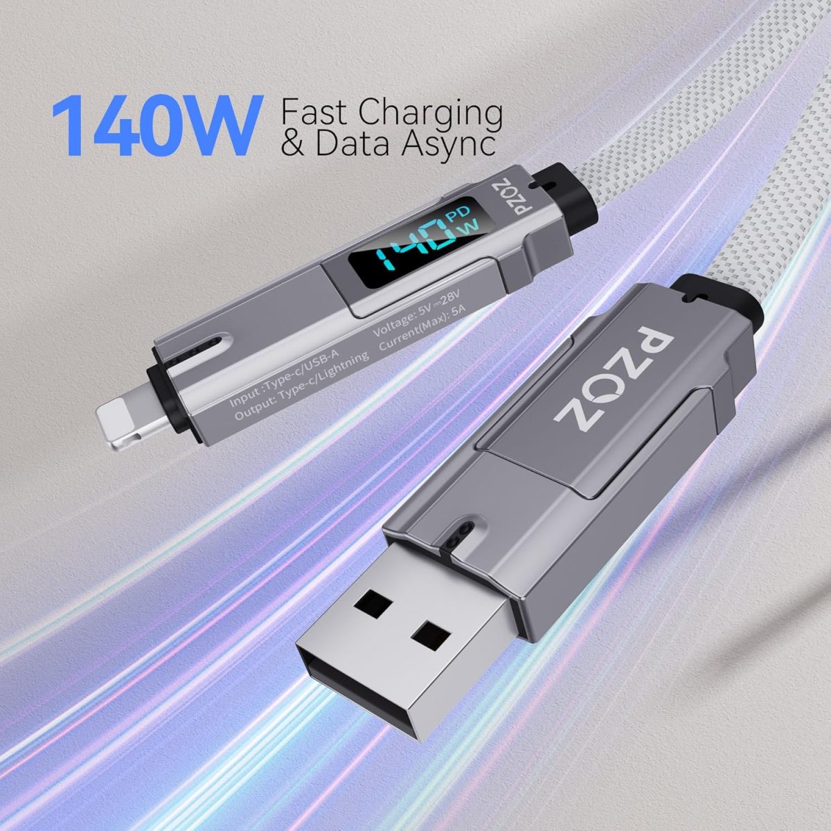 ⁦بي زوز كيبل USB C الى لايتنينج بطول 1.5 متر، 140 واط، كيبل شحن متعدد 4 في 1، كيبل نوع C مع شاشة LED، سلك شحن سريع لايفون 16 15 برو ماكس وايباد وماك بوك وسامسونج وغيرها⁩ - الصورة ⁦2⁩