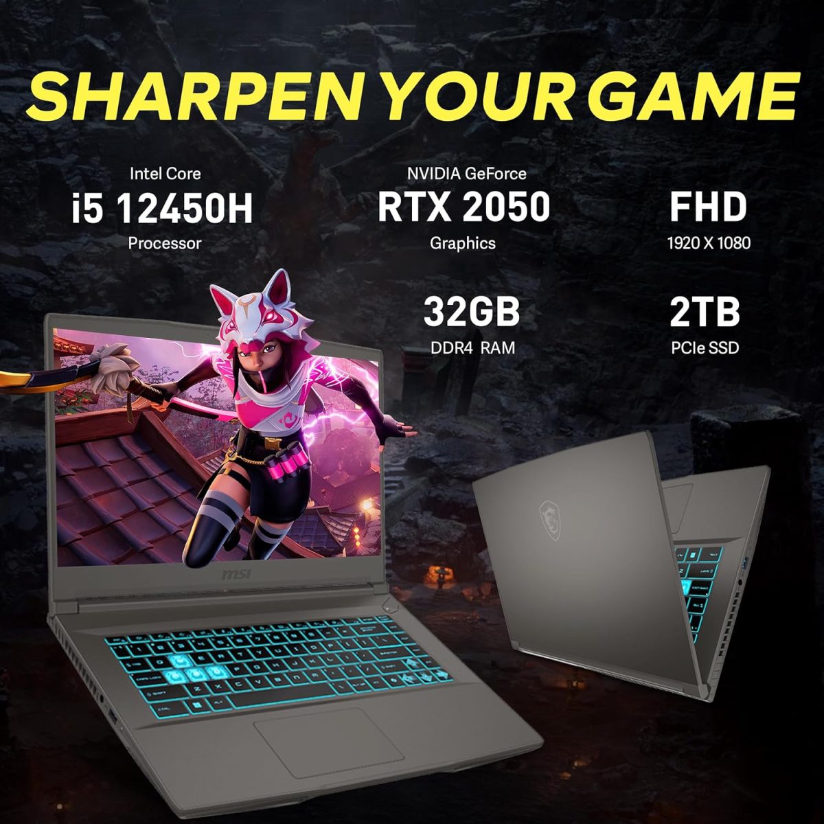 ⁦MSI لابتوب العاب رفيع GF63 بشاشة 15.6 انش FHD 144Hz ومعالج انتل i5-12450H وذاكرة RAM 32GB وSSD PCIe 2TB وبطاقة انفيديا جيفورس RTX 2050 وكيبورد باضاءة خلفية وواي فاي 6 وويندوز 11 برو، مجموعة تمديد هوت⁩ - الصورة ⁦3⁩