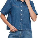 قميص جينز قصير باكمام قصيرة وازرار امامية للنساء من يكسباين، قميص جينز كاجوال فضفاض صيفي غربي