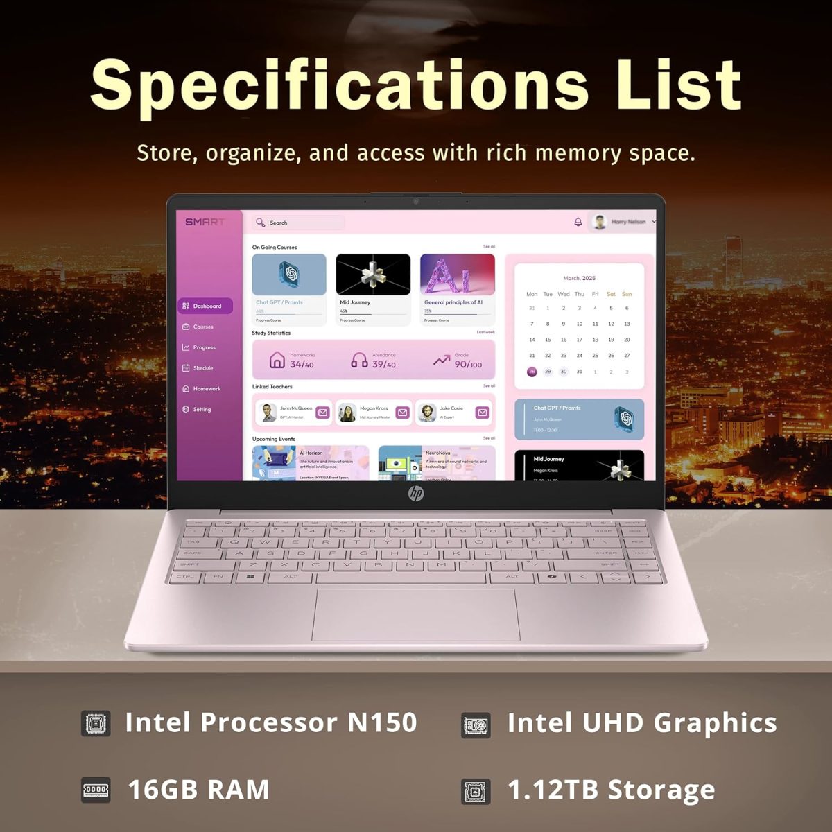 ⁦HP لابتوب ستريم 14 انش HD، معالج انتل N150، ذاكرة RAM 16GB، تخزين 1.16TB (مجموعة قاعدة شحن 128GB UFS+1.03TB)، بطاقة رسومات انتل، كاميرا ويب، واي فاي 6، اوفيس 365 لمدة عام، كوبايلوت، شحن سريع، ويندوز⁩ - الصورة ⁦3⁩