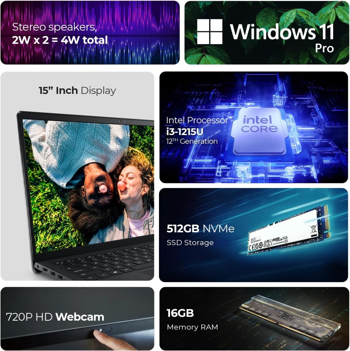 ⁦ديل لابتوب انسبايرون 3520 جيل 12 انتل i3-1215U وويندوز 11 برو وكاميرا ويب HD وشاشة 15.6 انش (يتضمن حامل لابتوب الموجة الاولى + ماوس لاسلكي + قاعدة ماوس + مضاد للفيروسات) - ذاكرة RAM 16GB وSSD 512GB⁩ - الصورة ⁦3⁩