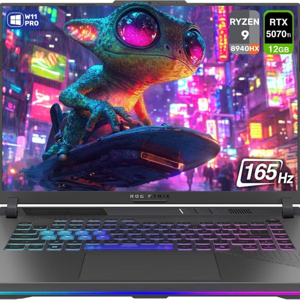 اسس لابتوب العاب روج ستريكس G16 بمعالج AMD رايزن 9-8940HX وذاكرة RAM DDR5 32GB وSSD PCIe 1TB وشاشة 16 انش WUXGA (1920x1200) 165Hz وانفيديا جي فورس RTX 5070Ti وكيبورد باضاءة خلفية RGB رباعي المناطق