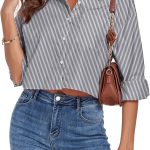 قميص قصير بقصة بوي فريند واكمام طويلة وقبة واسعة مع جيب للنساء من فيوفي