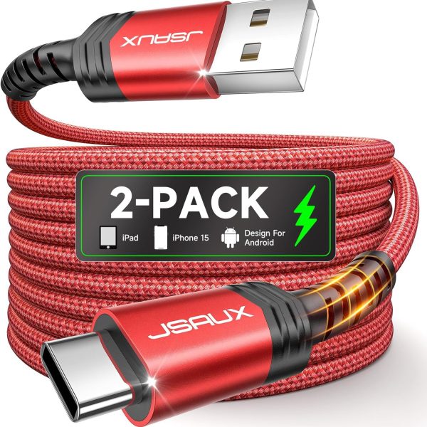 جي سوكس كيبل USB C بطول 2 متر [عبوتان]، كيبل USB نوع C 3.1 امبير للشحن السريع، سلك شحن USB A الى USB C متوافق مع ايفون 16/16 بلس/16 برو ماكس/15 سيريز، سامسونج جالاكسي S20 S10 S9، نوت 20 10، ال جي احمر