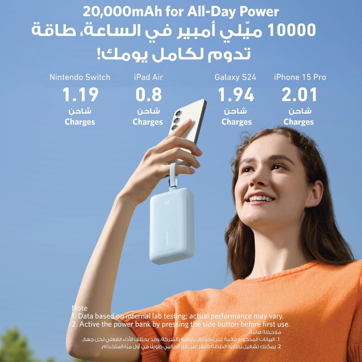 ⁦باور بانك زولو من انكر، شاحن محمول سريع 10,000mAh 30 واط بحد اقصى مع كيبلات لايتنينج مدمجة معتمدة من ابل، 1 USB-C، 1 USB-A، حزمة بطارية لايفون 16/15/14، جالكسي والمزيد⁩ - الصورة ⁦4⁩