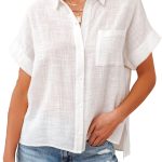 قميص كاجوال من القطن والكتان باكمام قصيرة وازرار امامية وقبة V للنساء من لينججيازي، بلايز سادة