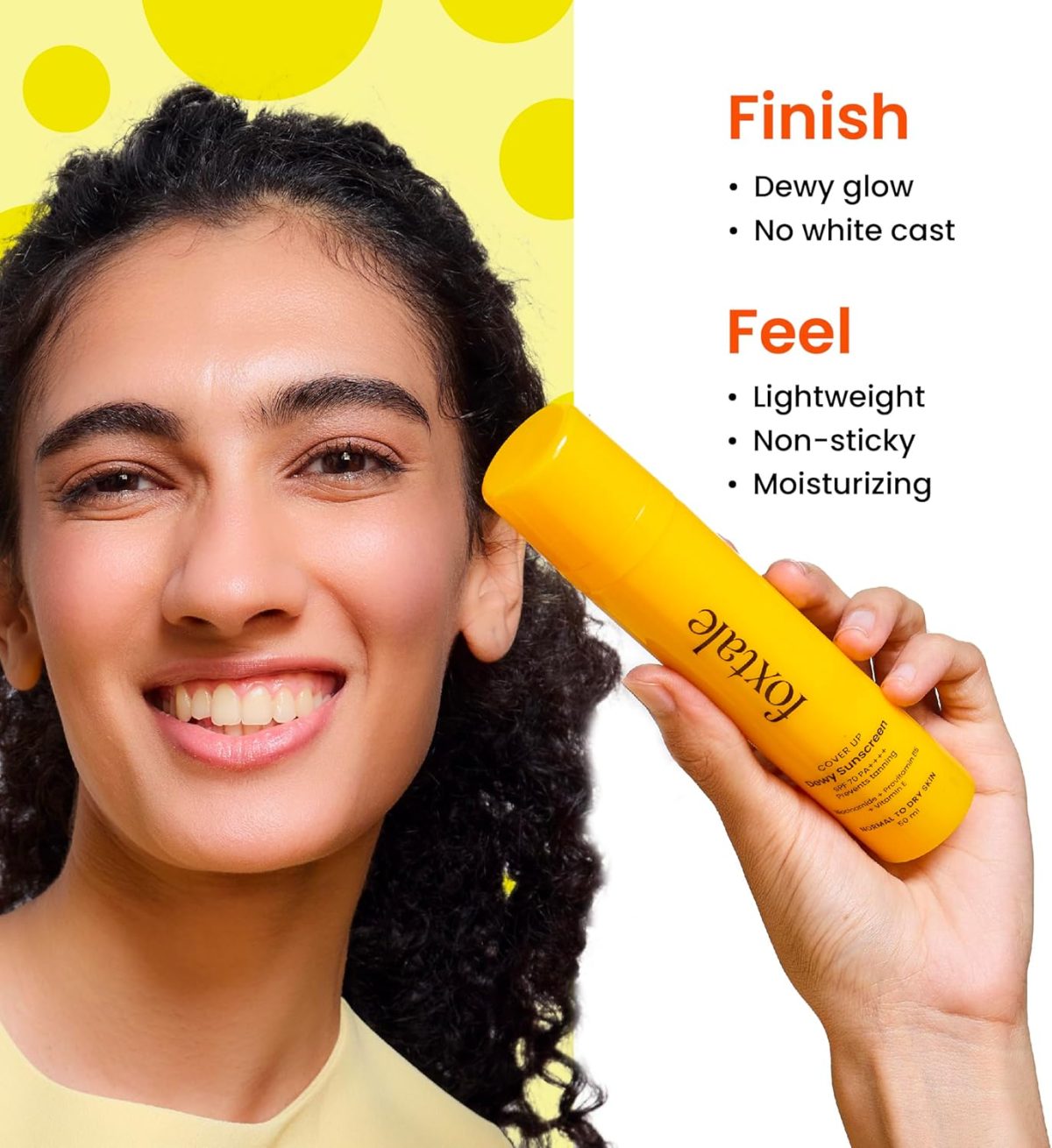 ⁦Foxtale SPF 70 Niacinamide Dewy Sunscreen with PA++++ For Dewy Sun Protection|Prevents Tan|Lightenweight, Non Greasy, No White Cast|Anti-Tan Formula|For Men & Women|For all skin type,50 Ml⁩ - الصورة ⁦4⁩