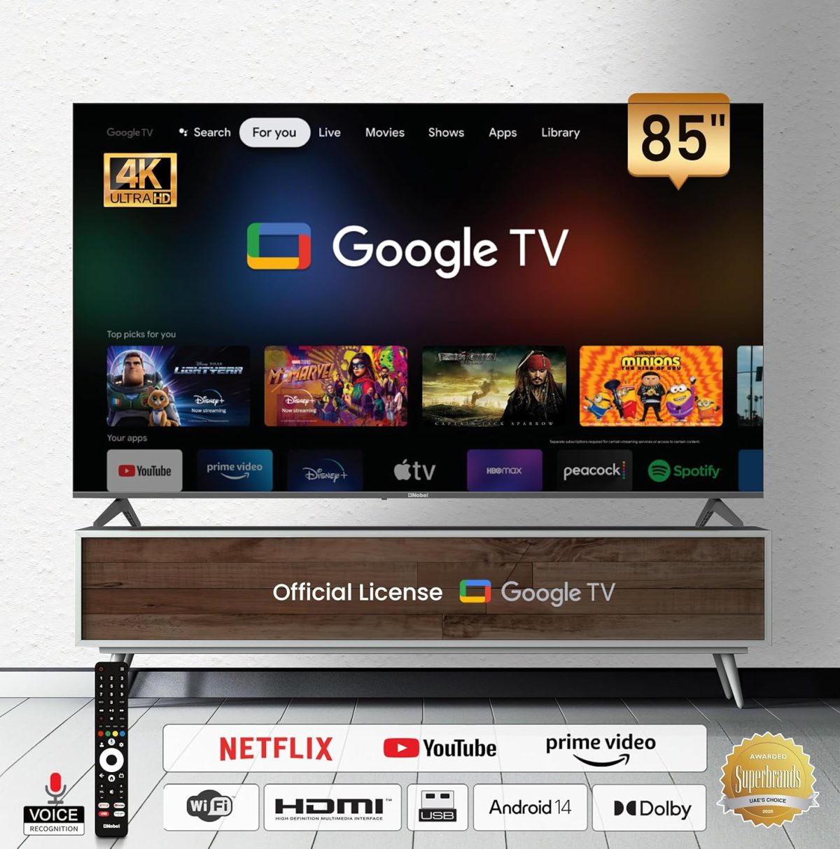 ⁦Nobel 85-Inch 4K UHD Google TV Smart TV, Dolby Sound & Voice Control, Android 14, Netflix YouTube Prime, Wi-Fi & Bluetooth Connectivity – UHD85G⁩ - الصورة ⁦2⁩